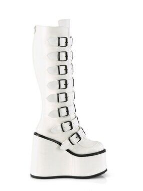 White Vegan Leather Knee High Boots with 8 Buckle Straps